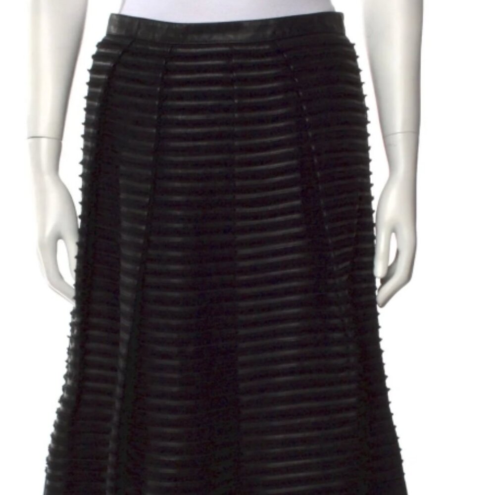 Burberry London Silk Leather Trim Pleated Black Knee-Length Skirt M $1550